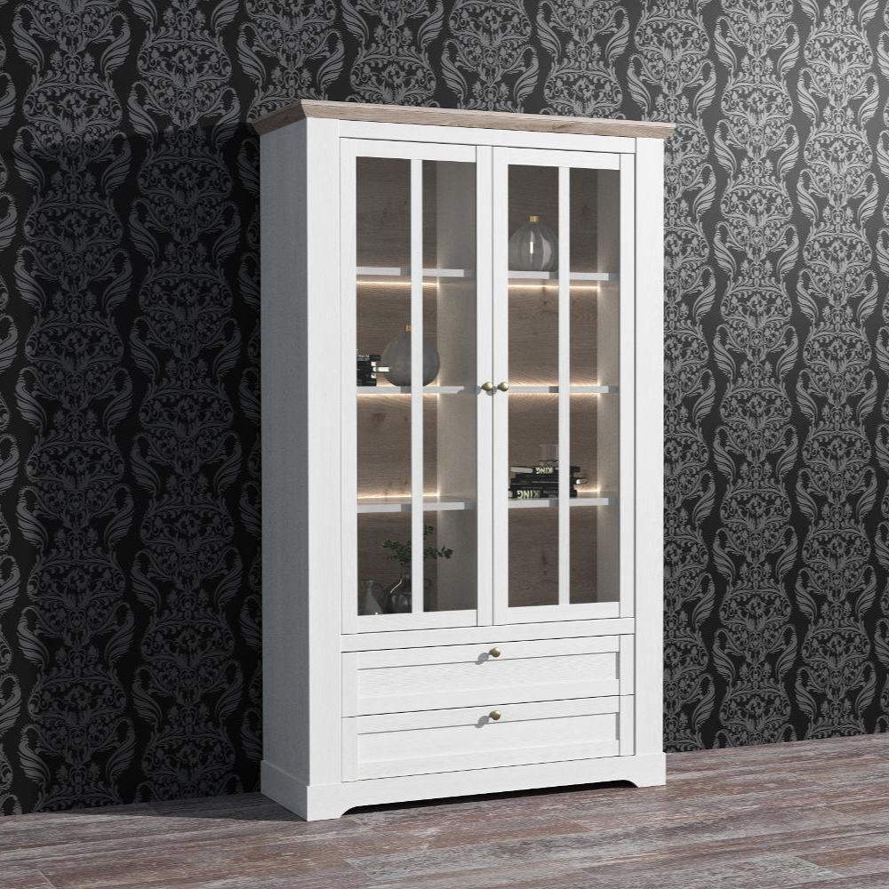 Vetrina 2 ante in vetro, 2 cassetti e luci LED rovere bianco neve e olmo scuro Forma