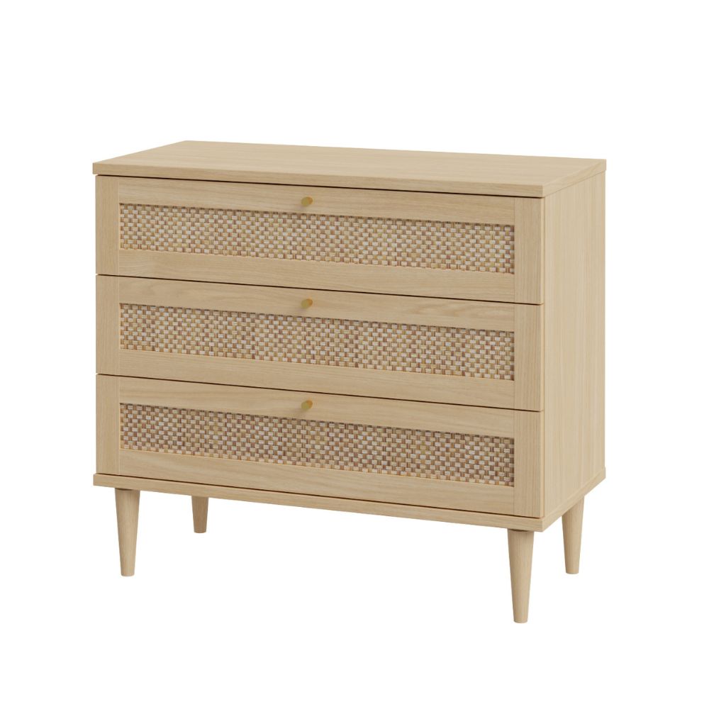 Cassettiera 3 cassetti in rovere con dettagli effetto Rattan 90.4x41.4x80H Livia