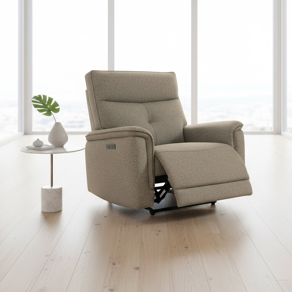 Set divani recliner elettrici 3 posti + 2 posti + poltrona recliner tessuto sabbia Elysio