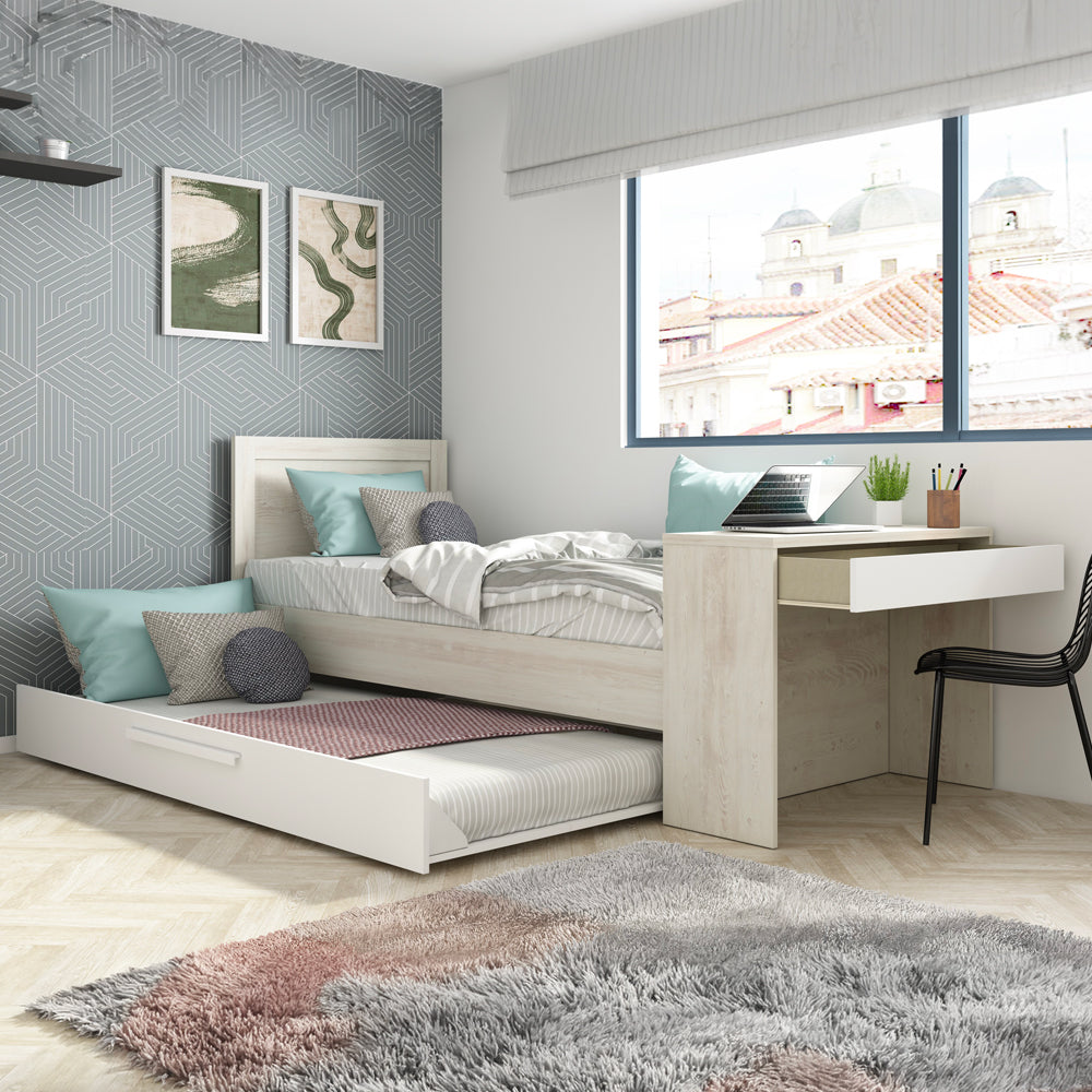 Einzelbett mit integriertem Schreibtisch und Ausziehbett in Vintage-Weiß und Weiß