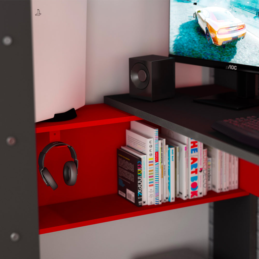 Letto a castello Gamex per bambino con scrivania da gamer colore antracite e rosso