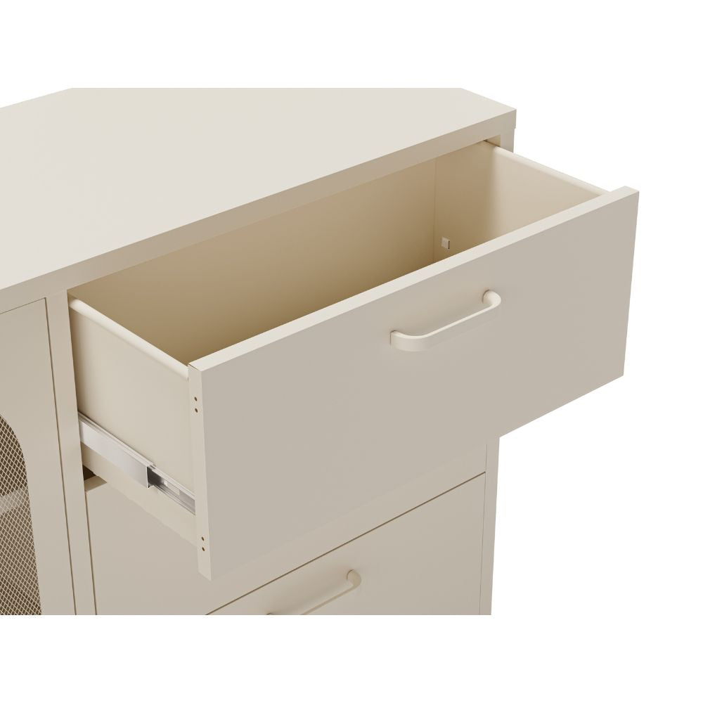 Credenza in metallo colore crema con 2 ante reticolate e 3 cassetti 140 cm - Diora