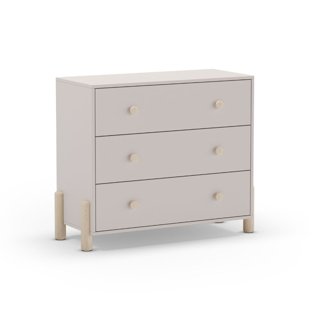 Cassettiera in legno massiccio con 3 cassetti beige e gambe in pino naturale 90x40x80H Enola