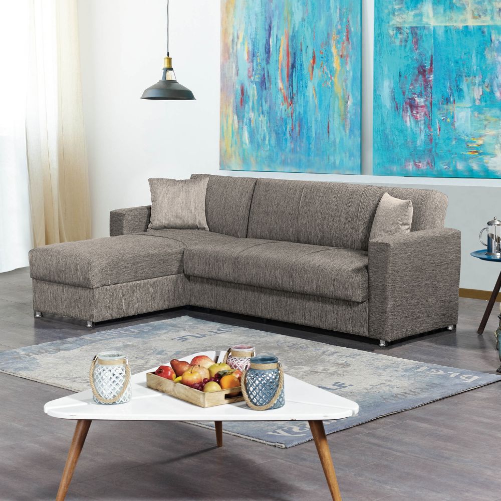 Divano letto con penisola contenitore reversibile in tessuto tortora 230x150x80H Dugo