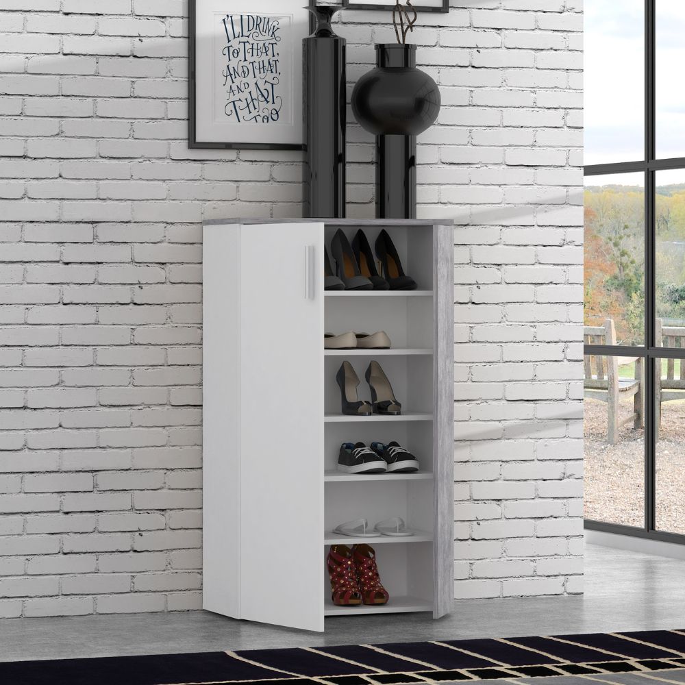 Mobile multiuso scarpiera 2 ante con 5 ripiani colore bianco e cemento 69x34x120H Lucio