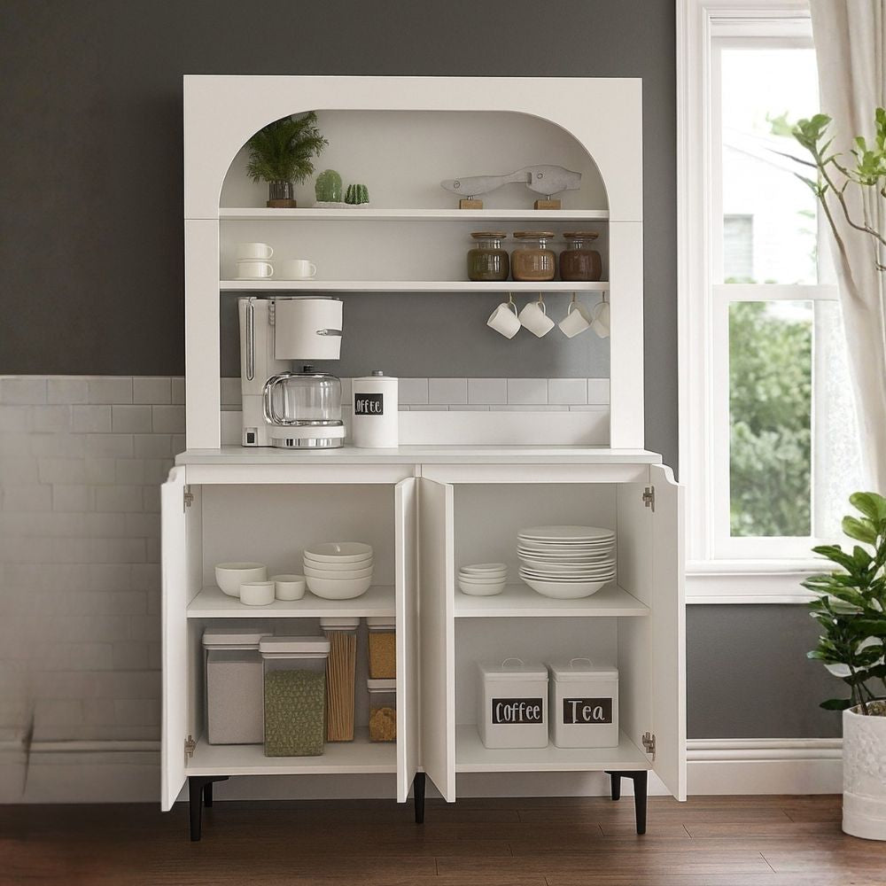 Credenza 4 ante, mensole a giorno e angolo caffè colore bianco Melinta