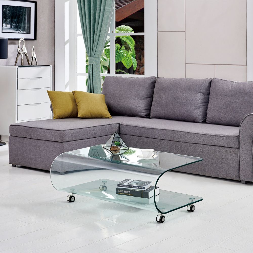 Tavolino basso in vetro temperato curvato con ruote 100x60x39H Magnolia