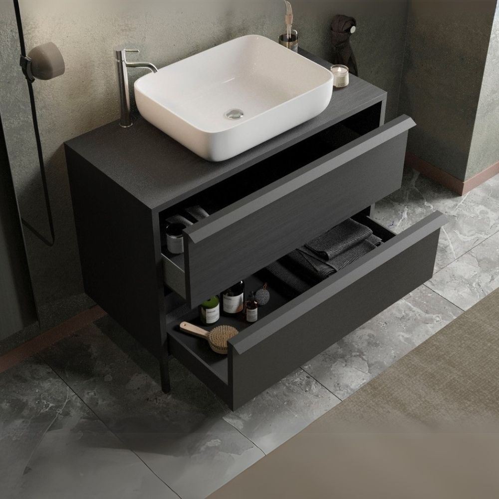 Meuble de salle de bain noir frêne avec tiroirs et lavabo à poser inclus 105x78H cm - Nesto
