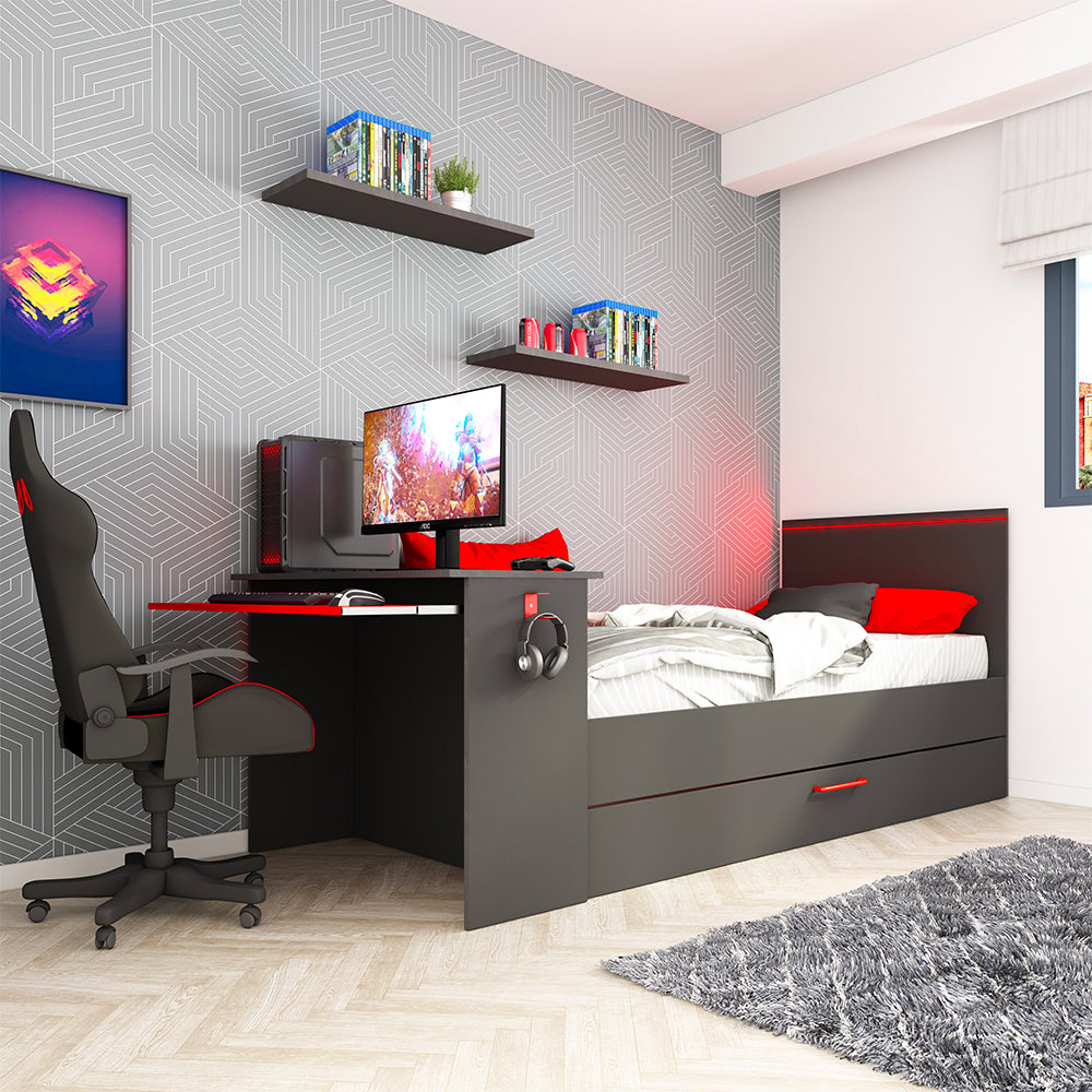 Kinderzimmer mit ausziehbarem Einzelbett und integriertem Schreibtisch in Anthrazit und Rot, umbaubar
