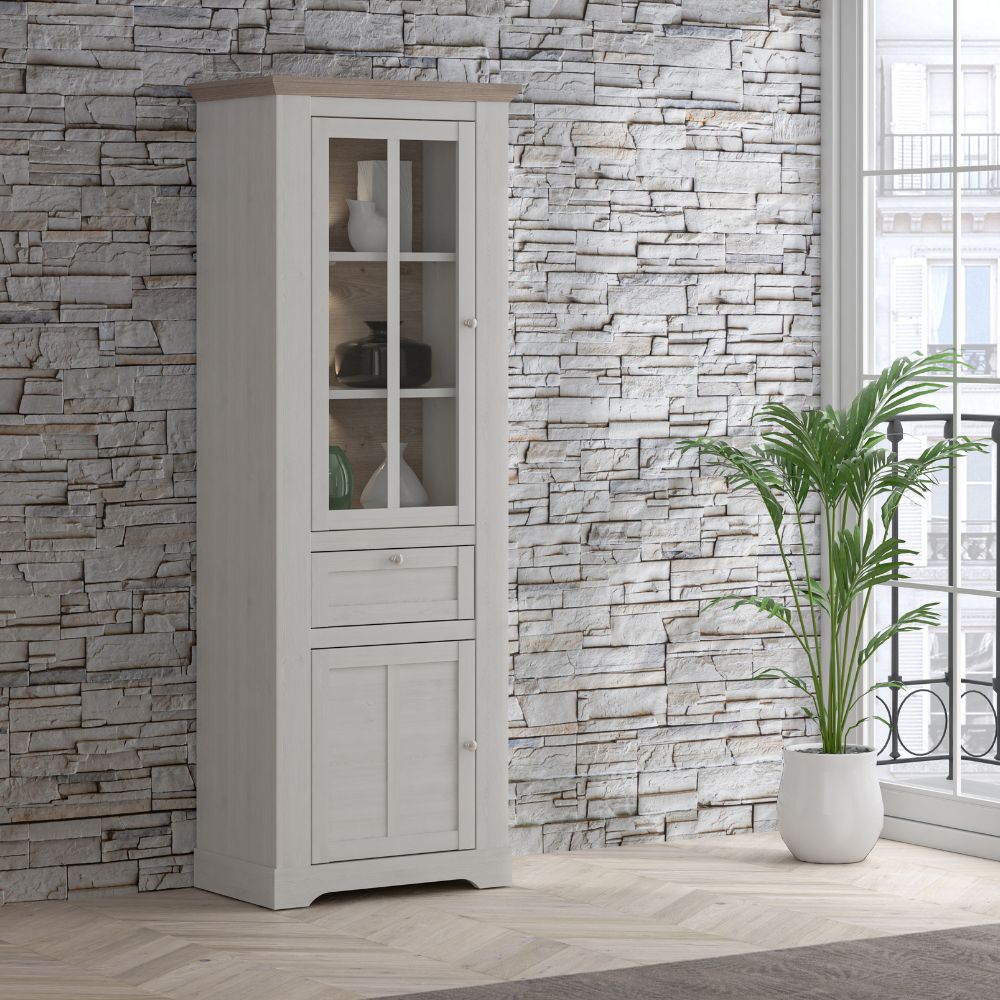 Vetrina 2 ante in vetro, 1 cassetto e luci LED rovere bianco neve e olmo scuro Forma