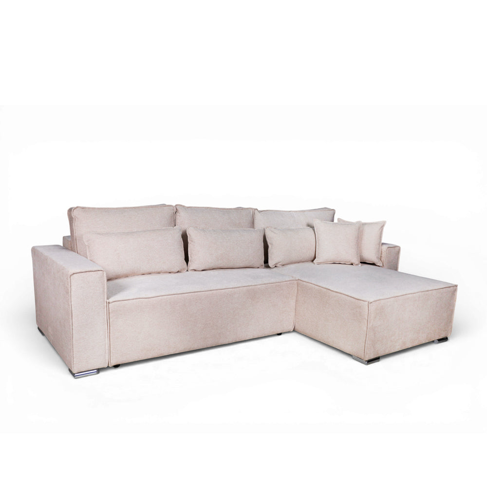 Divano angolare beige con letto Easy Open, contenitore e penisola reversibile Emily