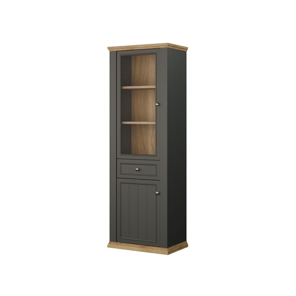 PNTV711-Q243 VITRINE DUNKELGRAU UND EICHE MIT 2 TÜREN UND EINER SCHUBLADE