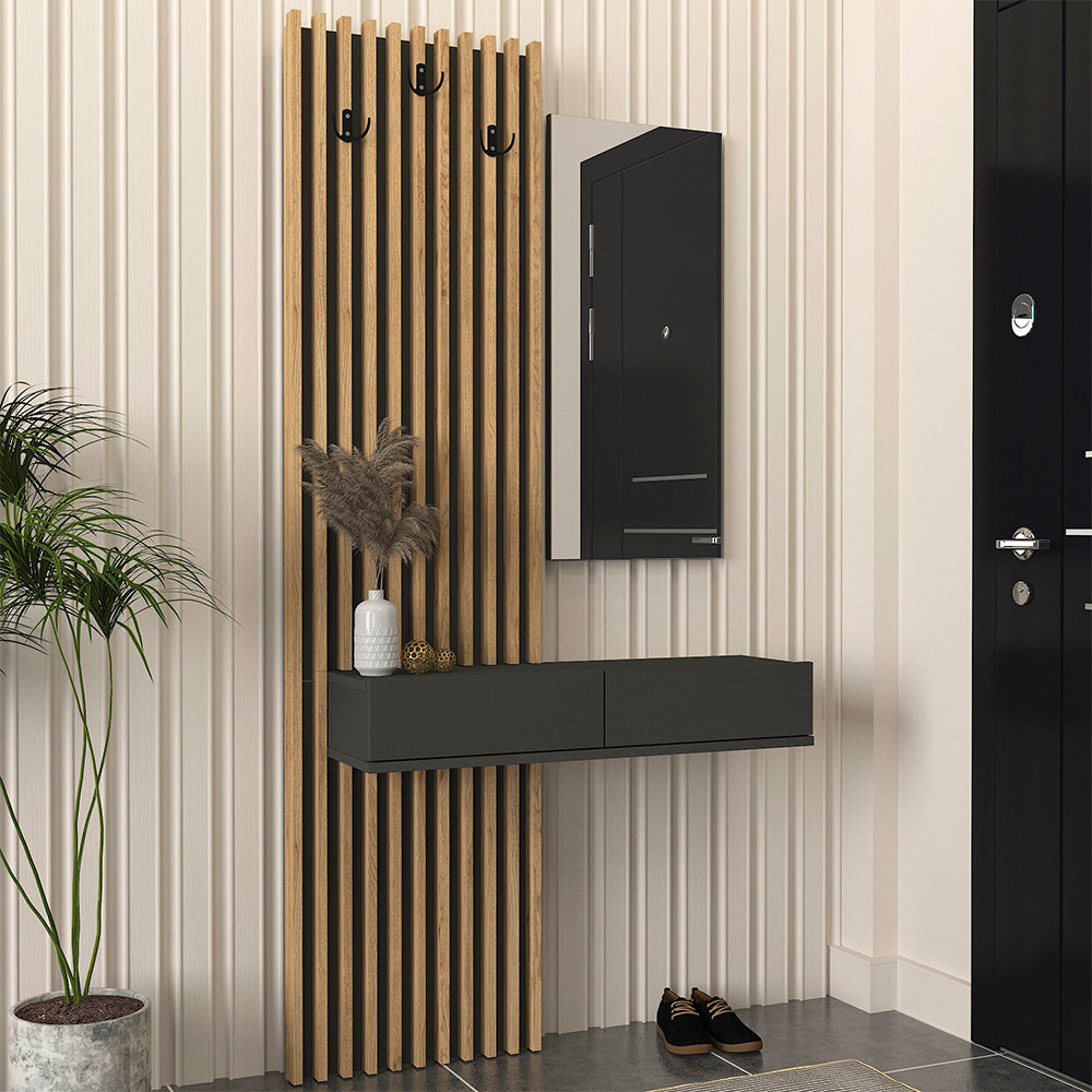 ENTRÉE ELOIS ANTHRACITE CHÊNE AVEC 3 PATTÈRES ET MIROIR