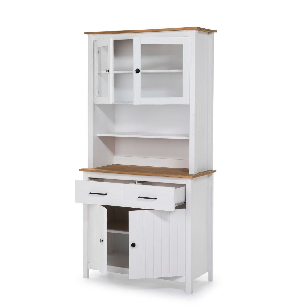 Credenza alta con vetrina in legno massiccio colore bianco e rovere 90x40x180H Miranda