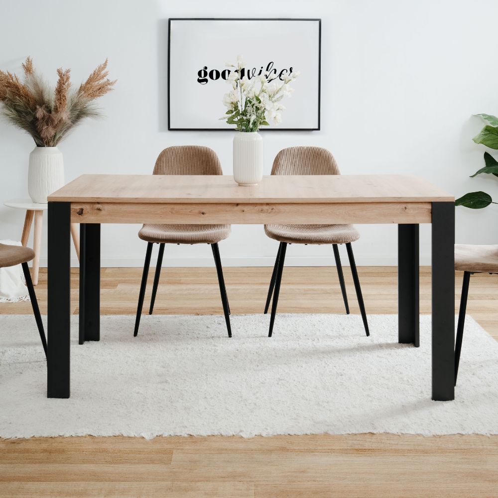 Ausziehbarer Tisch Tolosa80B Eichenplatte und schwarze Beine - 150x80x75H