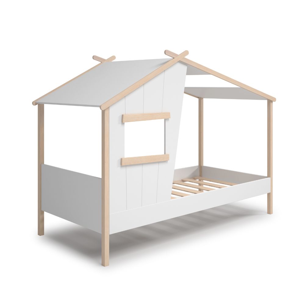 Letto singolo a forma di casetta in legno massiccio colore bianco - Nidin