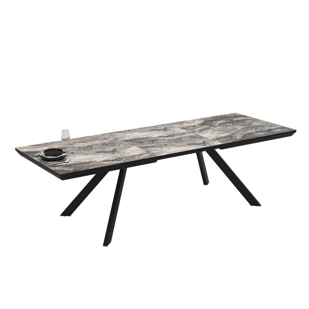 Tavolo allungabile piano effetto marmo nero arabesque lucido e gambe in metallo Corin 200x100x77H