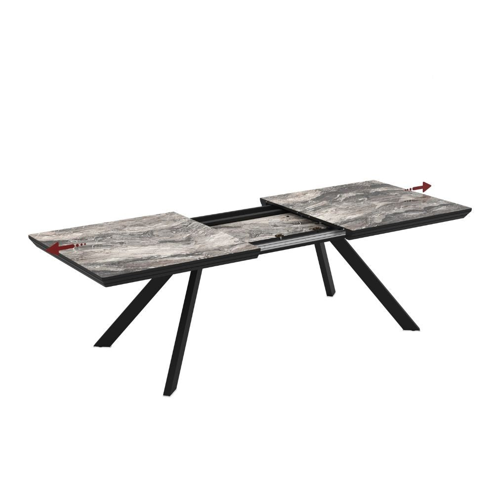 Tavolo allungabile piano effetto marmo nero arabesque lucido e gambe in metallo Corin 200x100x77H