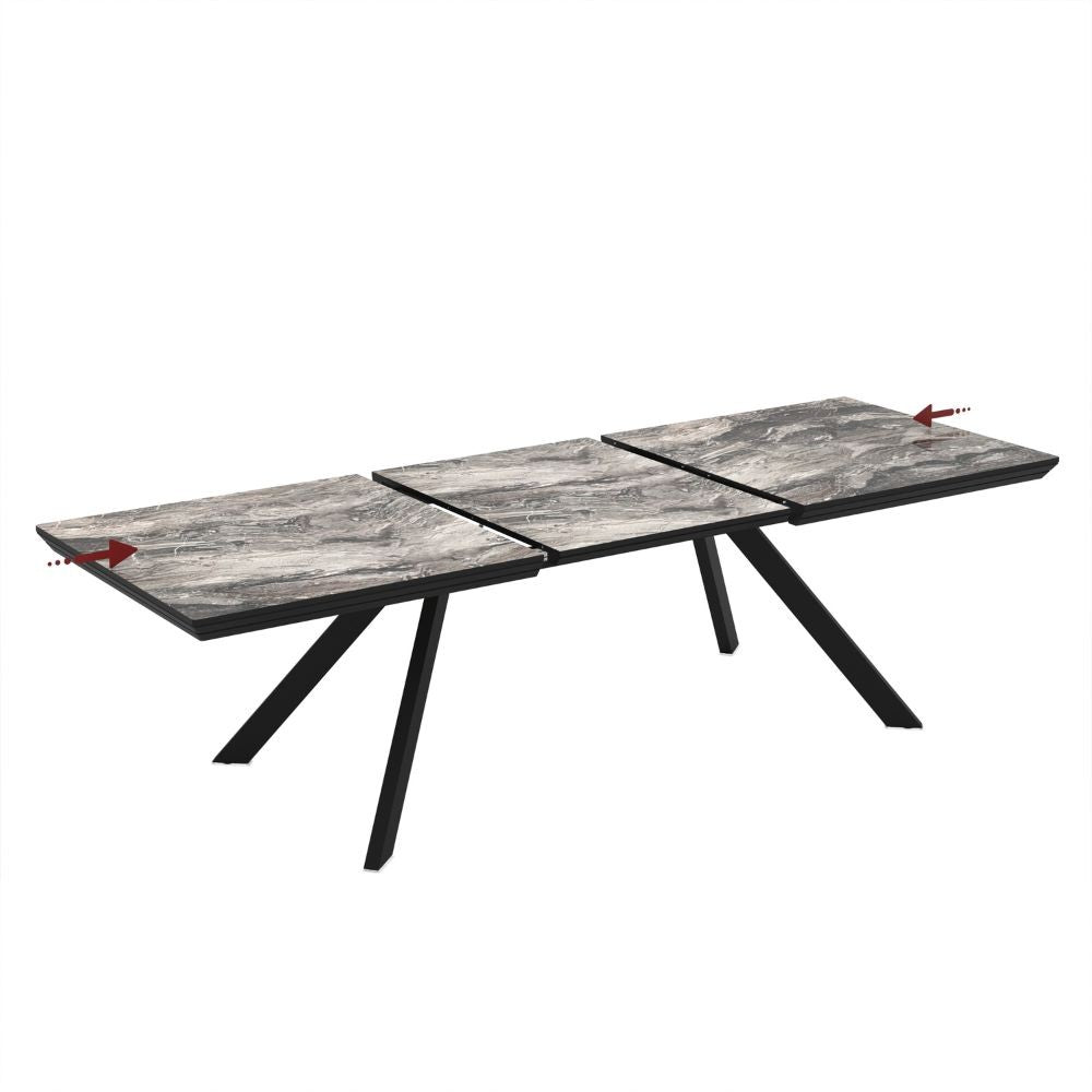 Tavolo allungabile piano effetto marmo nero arabesque lucido e gambe in metallo Corin 200x100x77H