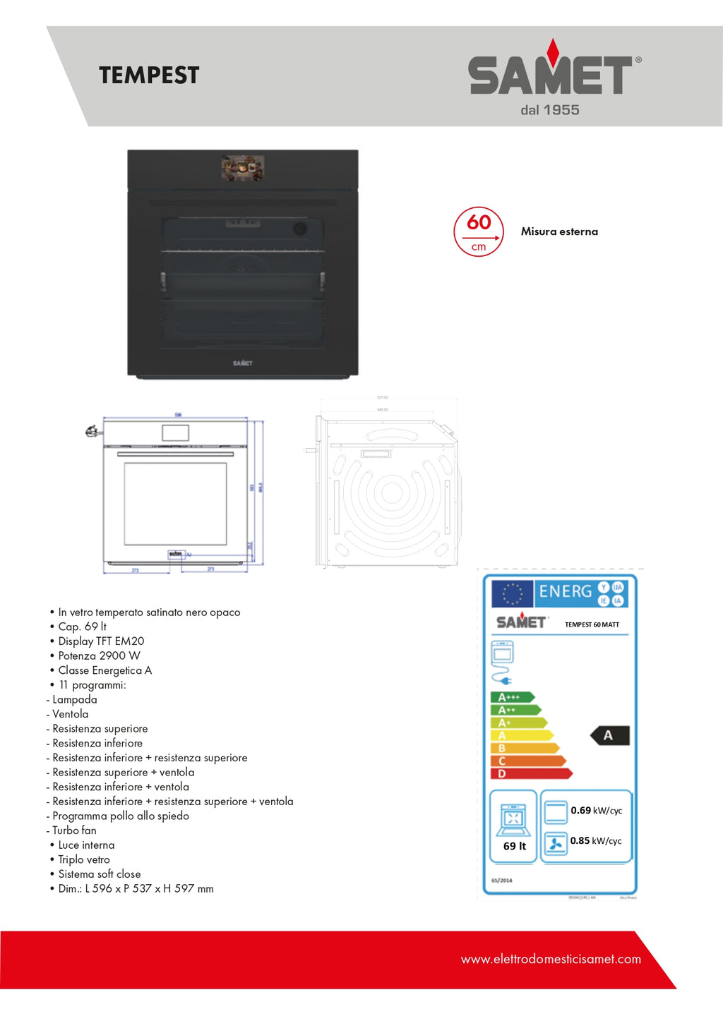 Forno Elettrico multifunzione nero opaco Samet Tempest classe A
