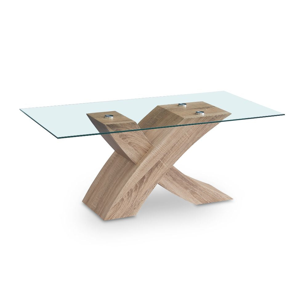 Tavolino da salotto piano in vetro e base rovere a incrocio 110x60x45H Shiva