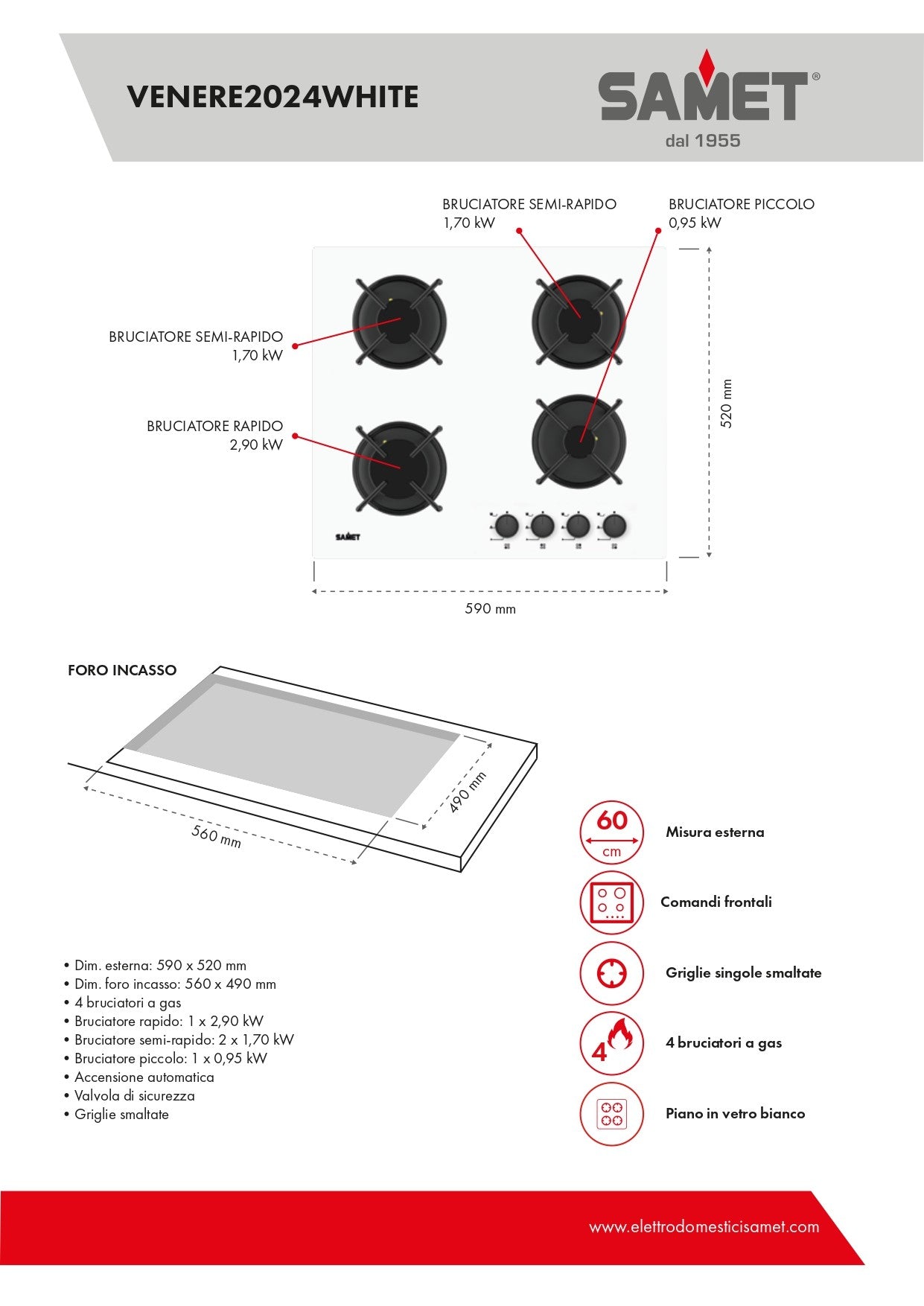 Gasherd mit 4 Kochfeldern aus weißem Glas - Samet Venere60