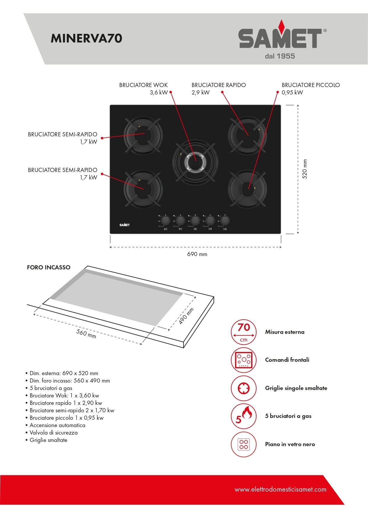 Table de cuisson à gaz en verre noir avec 5 brûleurs - Samet Minerva70