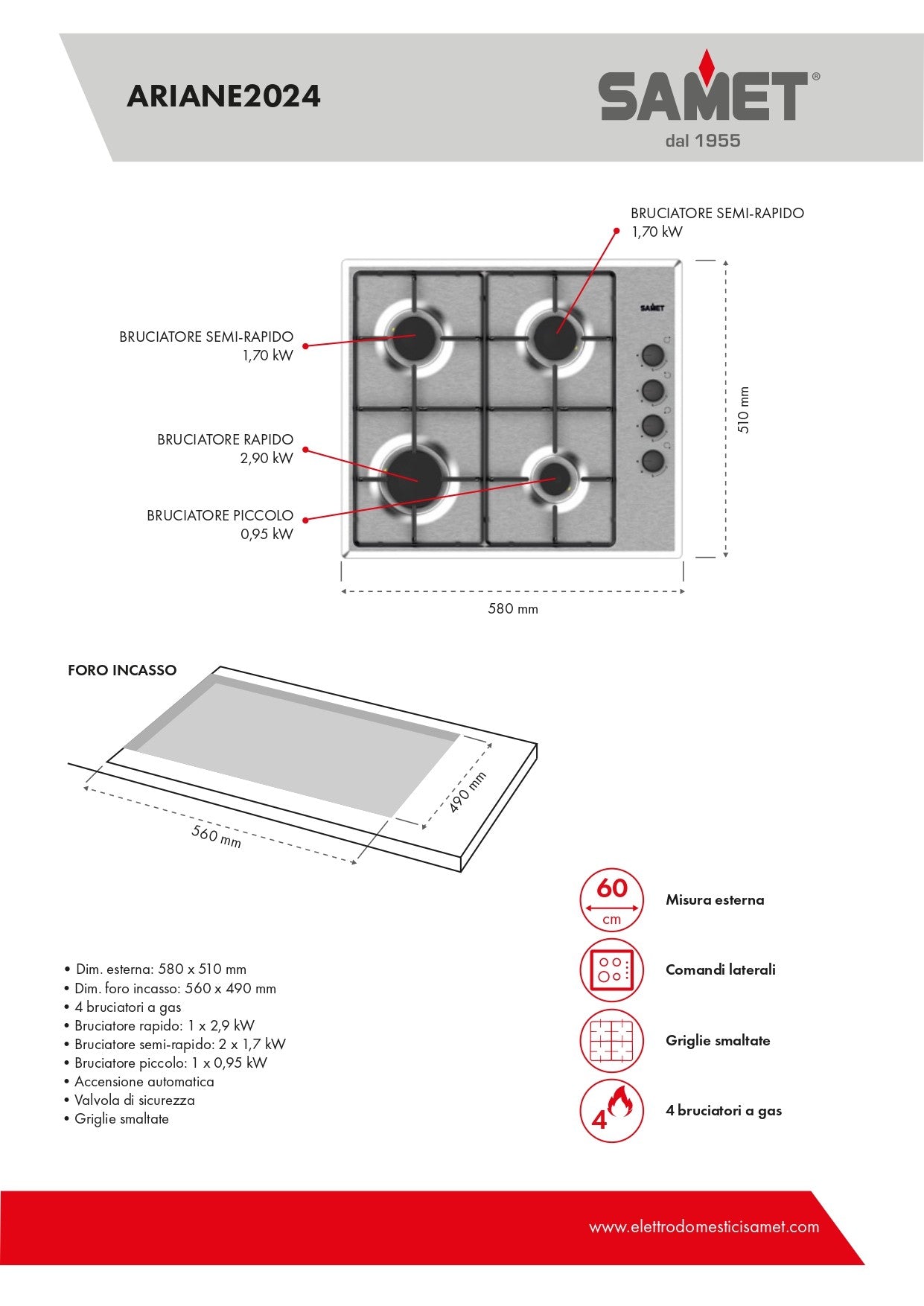 Table de cuisson à gaz encastrable en acier inoxydable avec 4 feux - Samet Ariane
