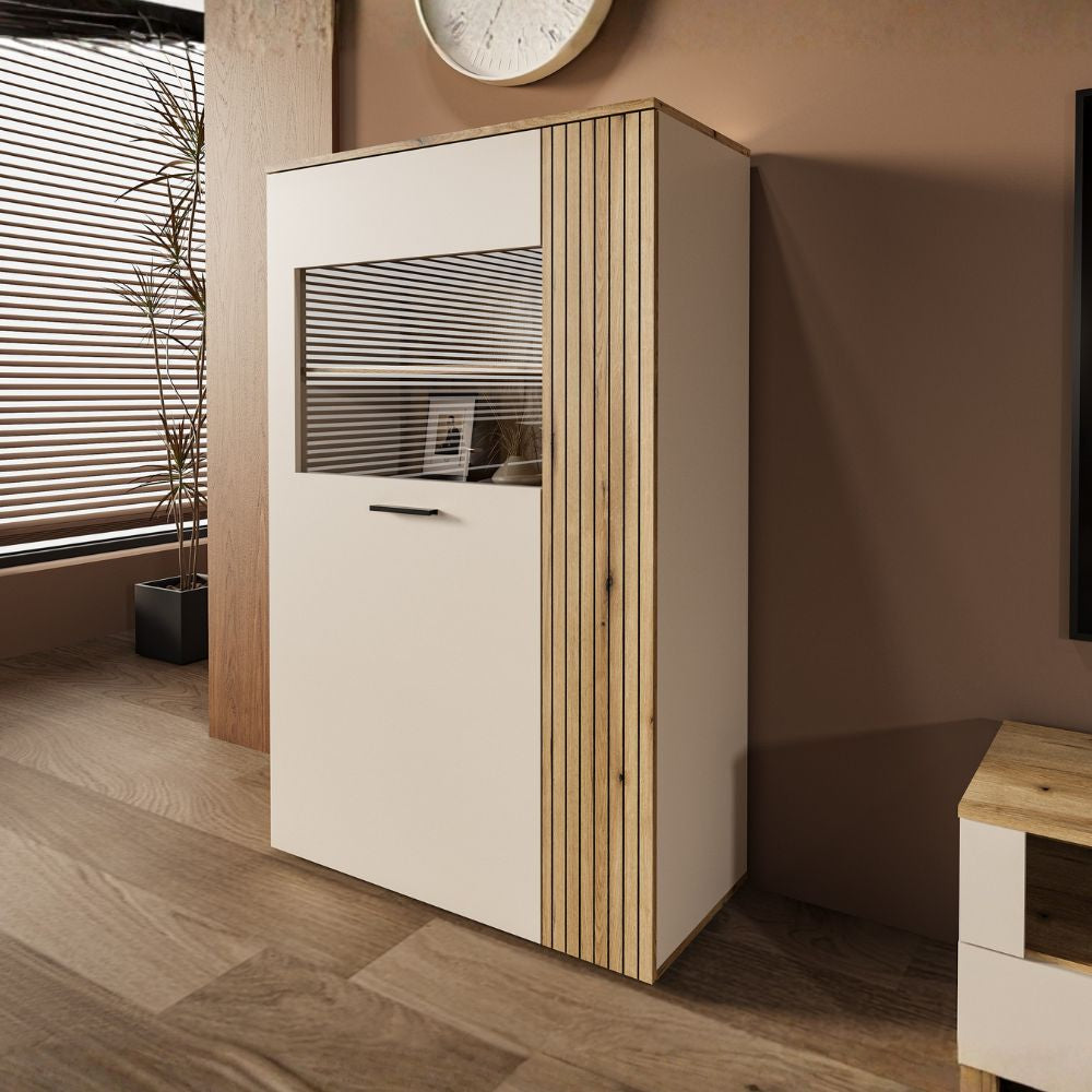 Vetrina con anta a listelli verticali cashmere e rovere evoque 90x42x146H Frezo06