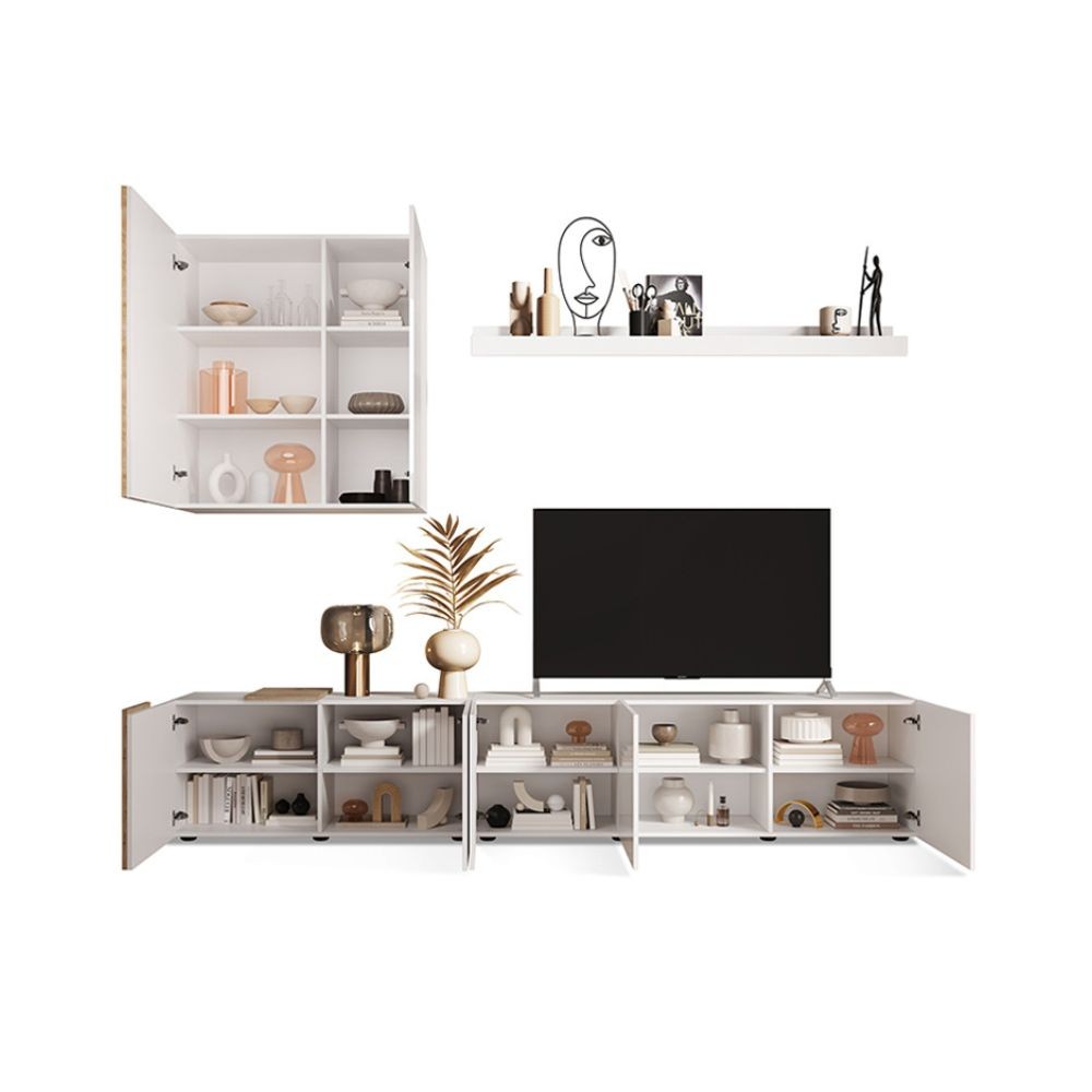 Parete attrezzata 301 cm colore bianco lucido e rovere Kadiz - Sabry