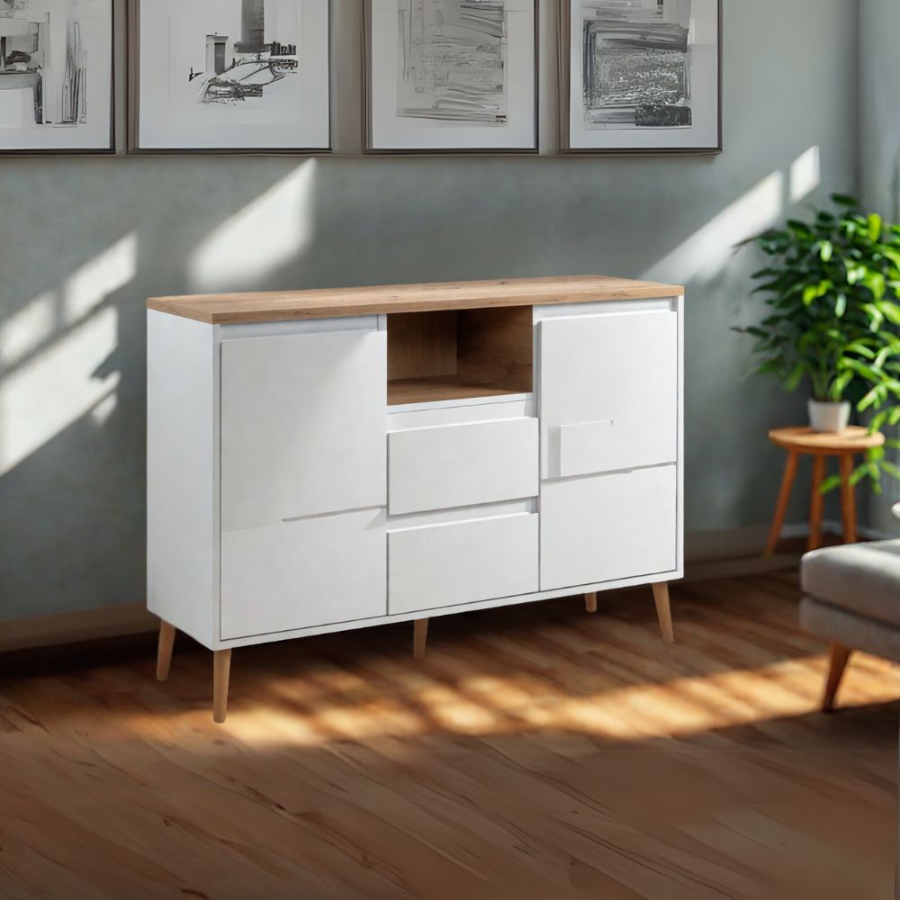 Madia con 2 ante e 2 cassetti bianca con top colore rovere 120x85H cm - Lixxy