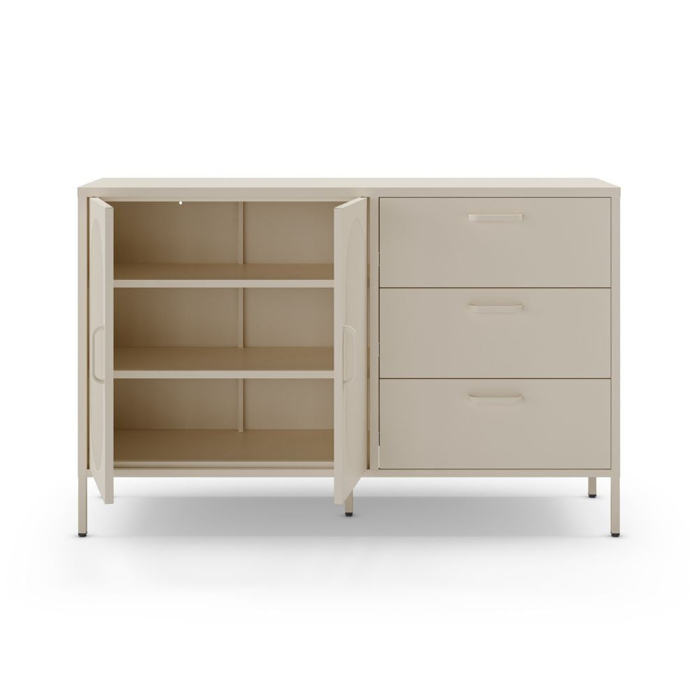 Credenza in metallo colore crema con 2 ante reticolate e 3 cassetti 140 cm - Diora