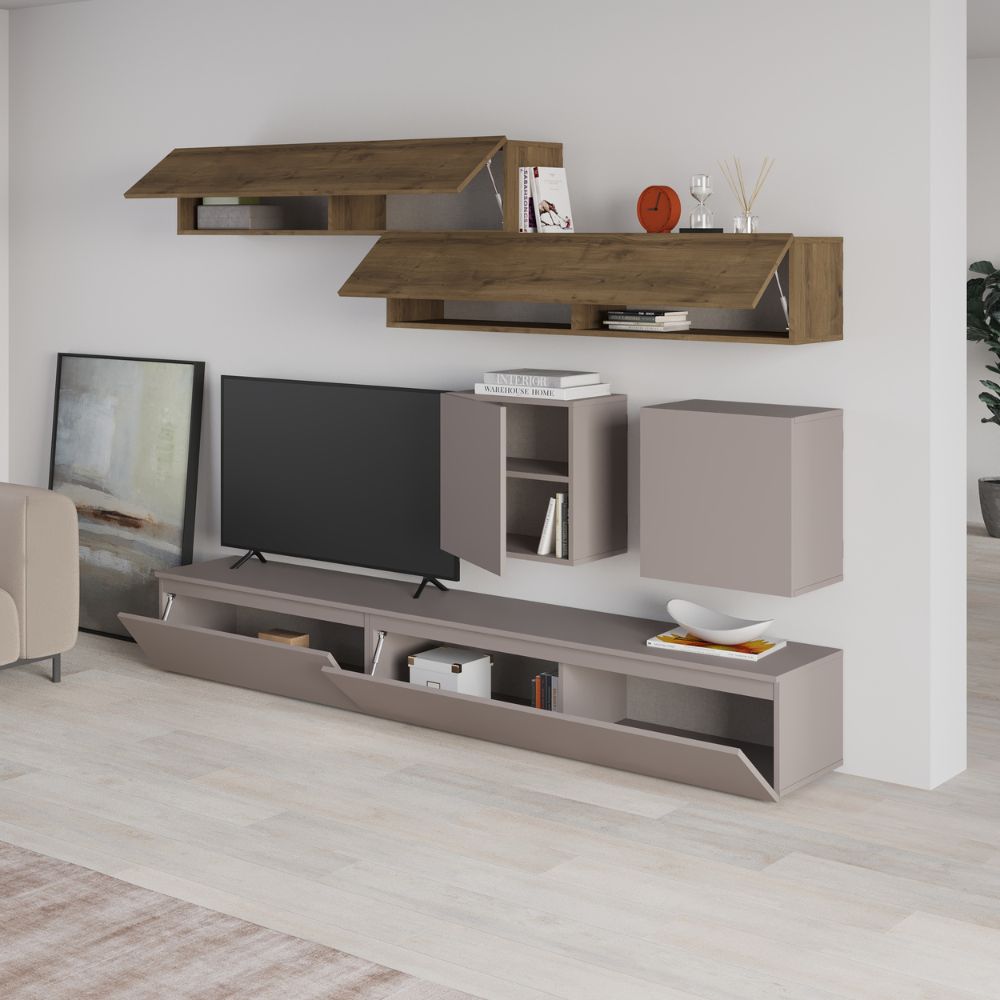 Meuble mural couleur tourterelle et noyer 250x186H cm - Licia