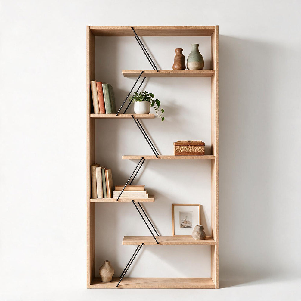 Libreria in legno 84x157h cm con struttura in metallo e ripiani colore rovere - Tars