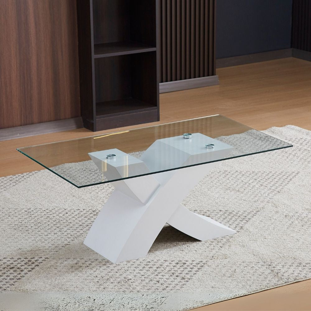 Tavolino da salotto Shiva piano in vetro e base bianca a incrocio 110x60x45H