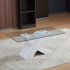 Tavolino da salotto Shiva piano in vetro e base bianca a incrocio 110x60x45H