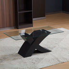 Tavolino da salotto Shiva piano in vetro e base nera a incrocio 110x60x45H