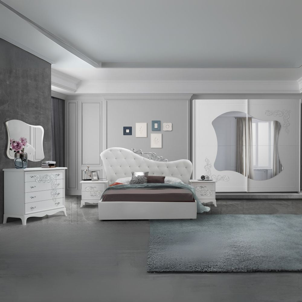 Camera da letto Marsida bianco larice con armadio scorrevole serigrafato - Eleganza e funzionalità per la tua zona notte