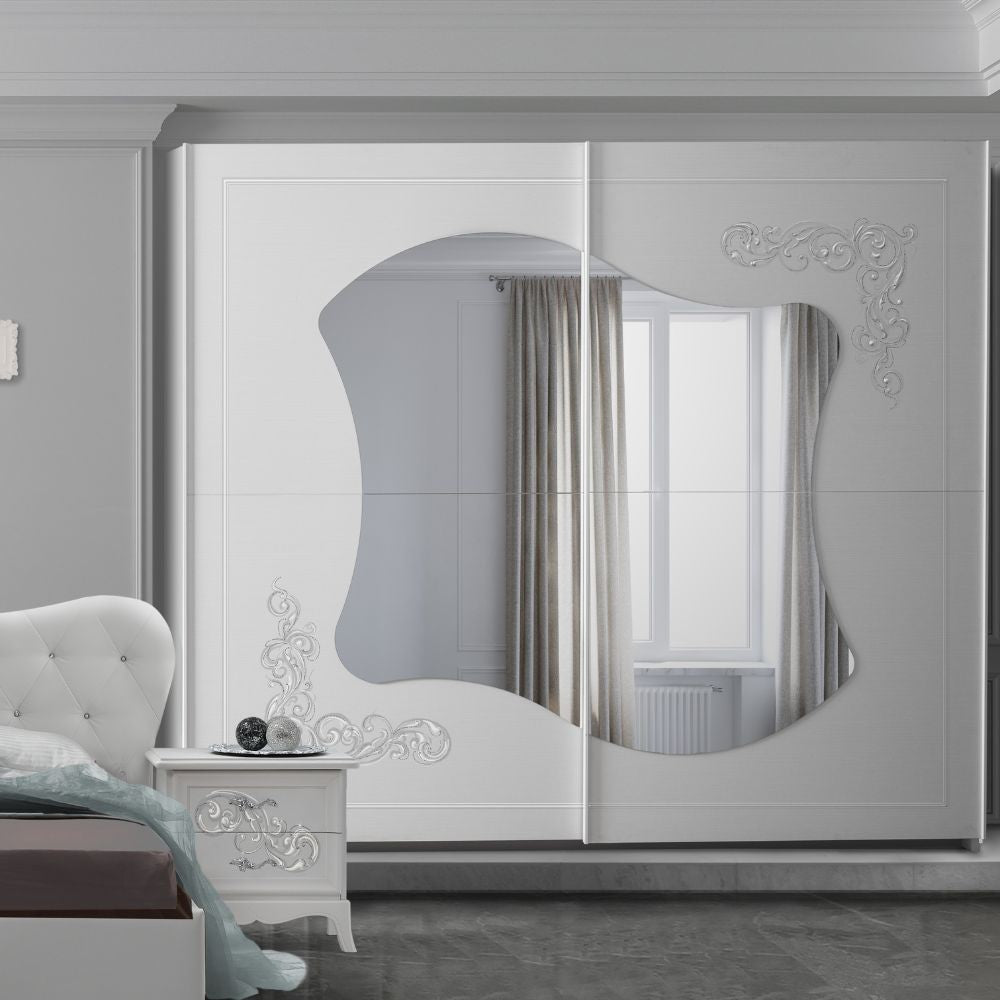 Camera da letto Marsida bianco larice con armadio scorrevole serigrafato - Eleganza e funzionalità per la tua zona notte
