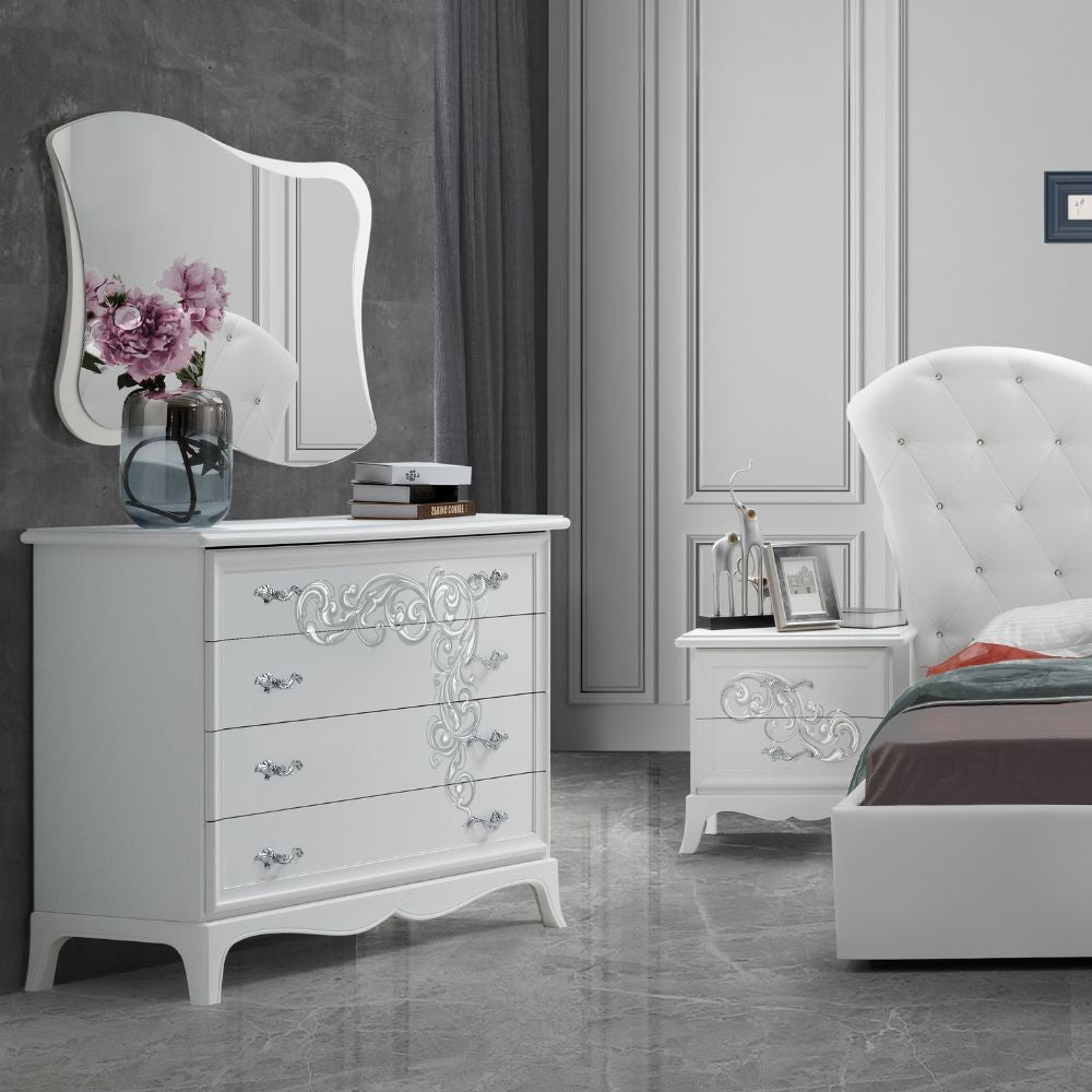 Camera da letto Marsida bianco larice con armadio scorrevole serigrafato - Eleganza e funzionalità per la tua zona notte