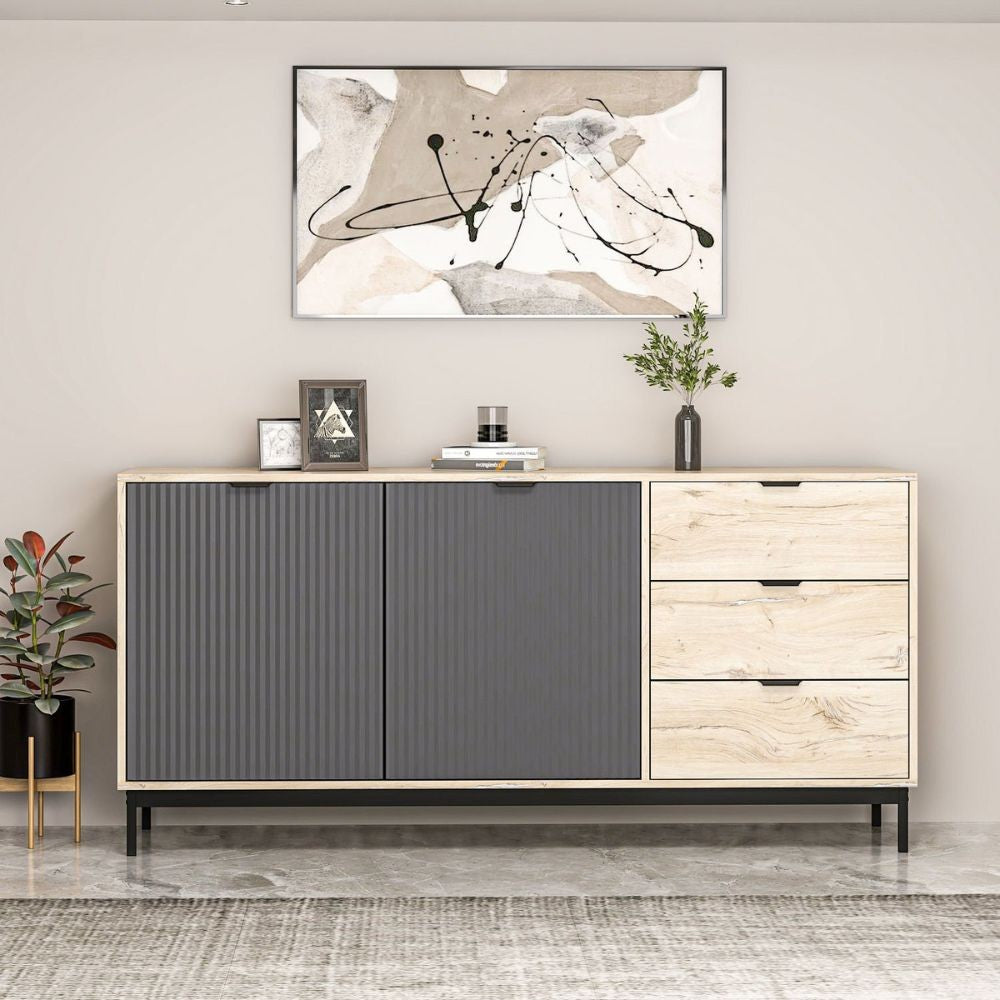 MADIA ESTA 180 CM CON 2 ANTE ANTRACITE EFFETTO CANNETTATO  E 3 CASSETTI ROVERE SONOMA