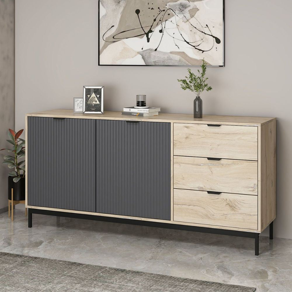 MADIA ESTA 180 CM CON 2 ANTE ANTRACITE EFFETTO CANNETTATO  E 3 CASSETTI ROVERE SONOMA