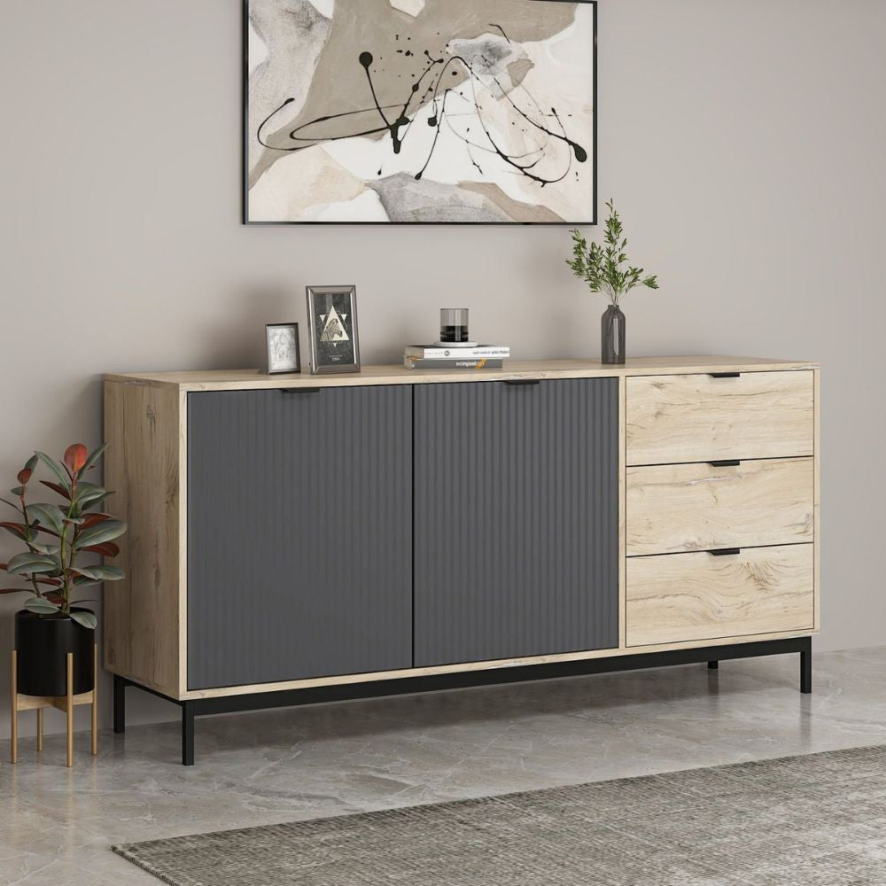 MADIA ESTA 180 CM CON 2 ANTE ANTRACITE EFFETTO CANNETTATO  E 3 CASSETTI ROVERE SONOMA
