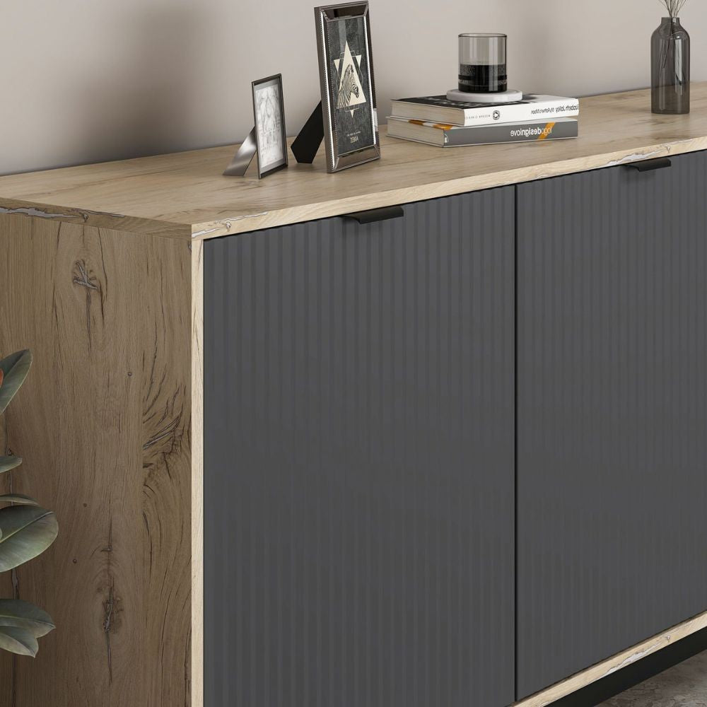 MADIA ESTA 180 CM CON 2 ANTE ANTRACITE EFFETTO CANNETTATO  E 3 CASSETTI ROVERE SONOMA