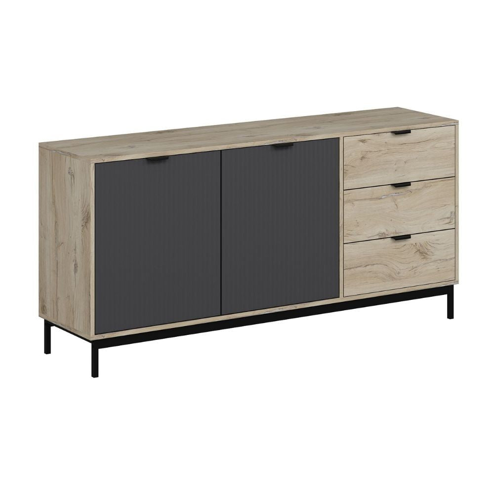 MADIA ESTA 180 CM CON 2 ANTE ANTRACITE EFFETTO CANNETTATO  E 3 CASSETTI ROVERE SONOMA