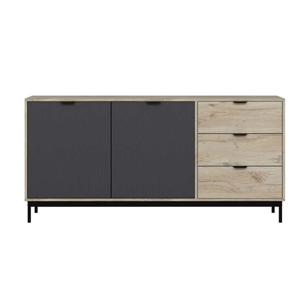 MADIA ESTA 180 CM CON 2 ANTE ANTRACITE EFFETTO CANNETTATO  E 3 CASSETTI ROVERE SONOMA