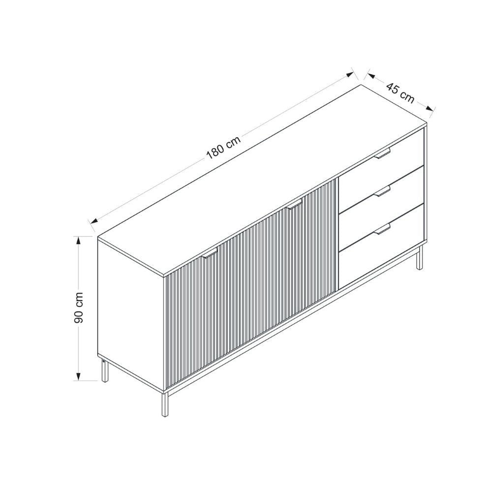 MADIA ESTA 180 CM CON 2 ANTE ANTRACITE EFFETTO CANNETTATO  E 3 CASSETTI ROVERE SONOMA