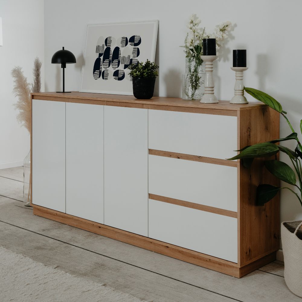 Credenza con 3 ante e 3 cassetti rovere e bianco 178x40x88H Phoenix 51A