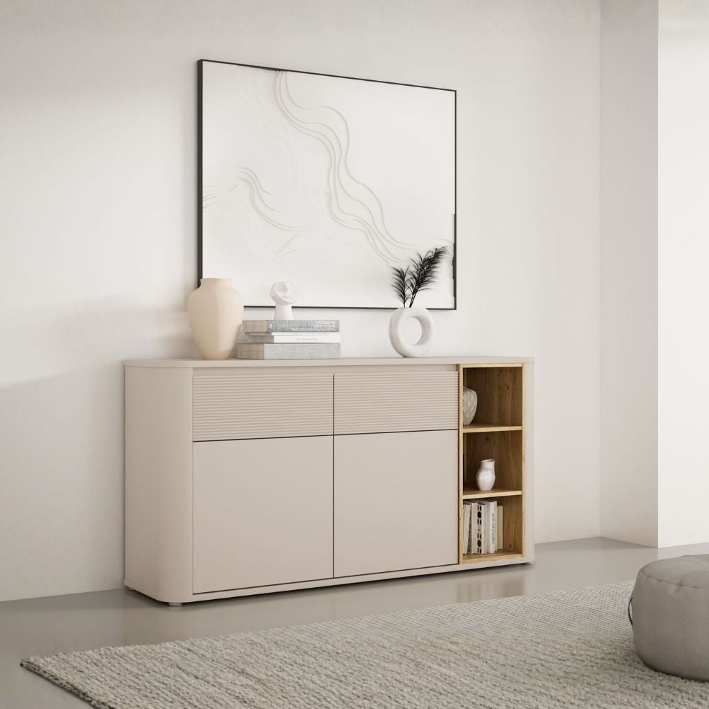 Madia 2 ante 2 cassetti e vani a giorno 160 cm cashmere e dettaglio rovere Origin Core