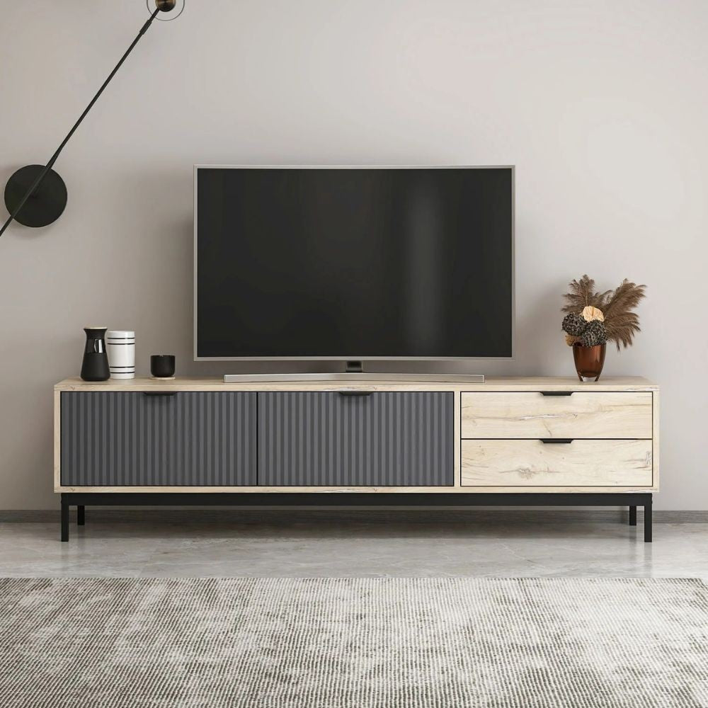 Mobile porta TV Esta rovere chiaro e antracite con effetto cannettato 180x35x47H